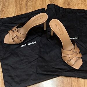 Saint Laurent Tribute Mules Open Square Toe Stiletto Heel Beige Tan EUR 40